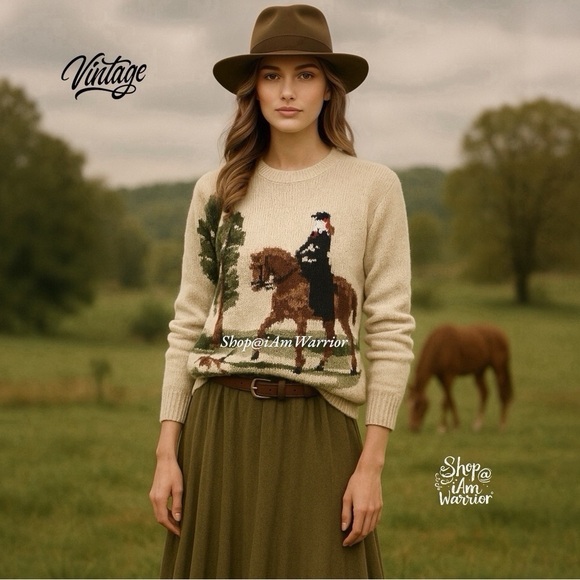 RARE vintage intarsia equestrian hunter with dog motif crewneck crewneck sweater - Picture 2 of 11
